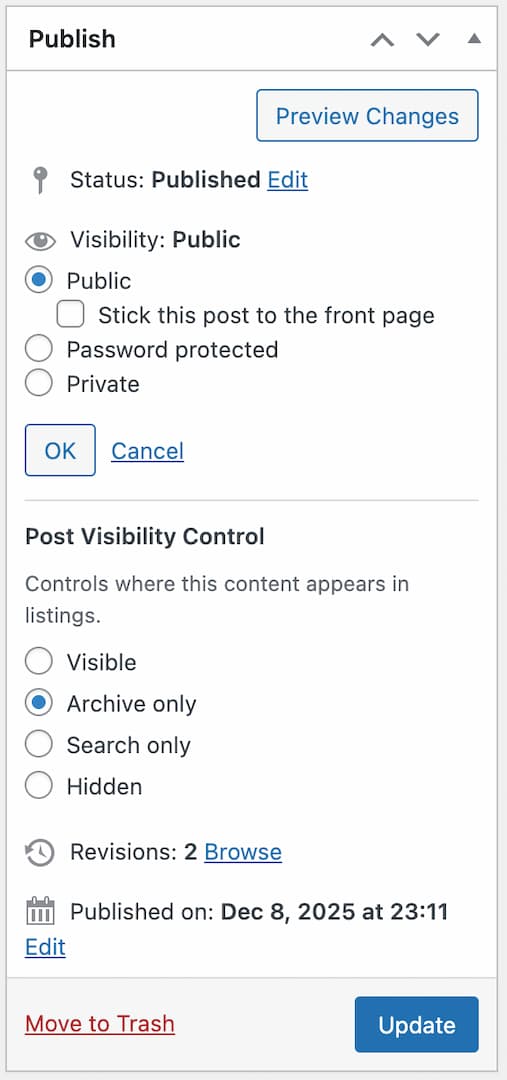 Visibility options in Block Editor (Gutenberg)
