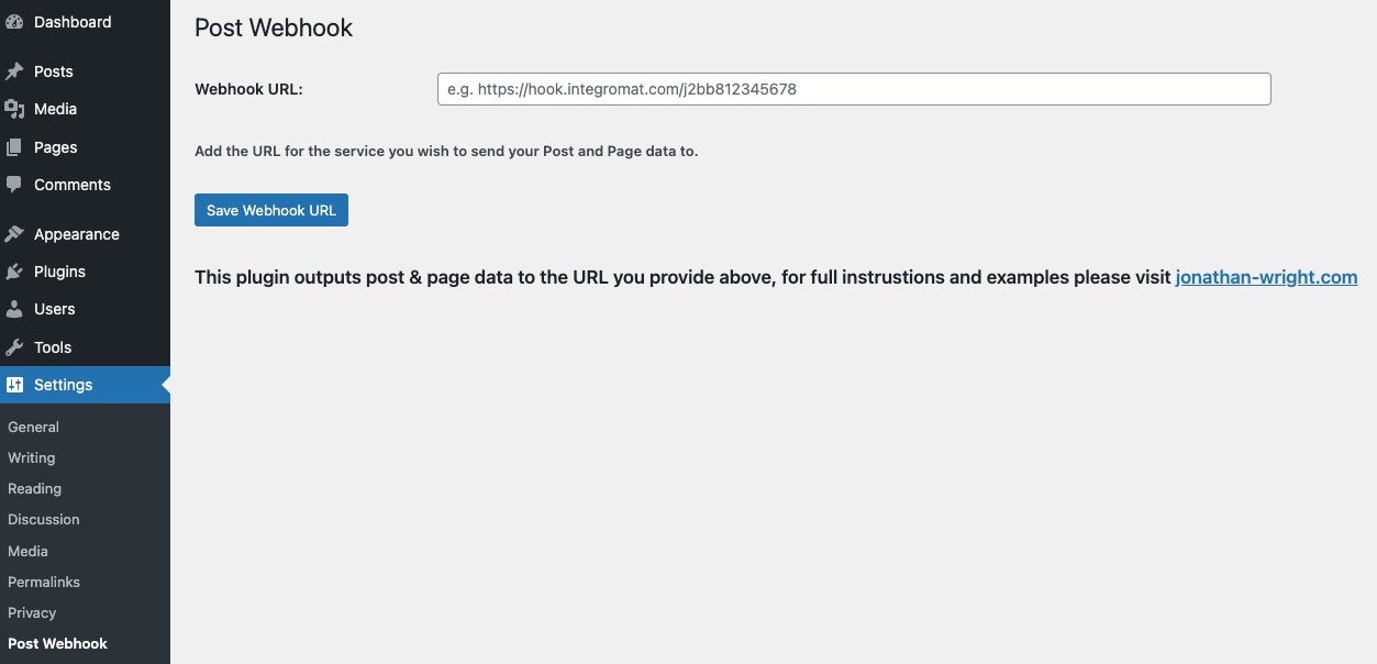 The plugin settings page where you add your webhook URL.
