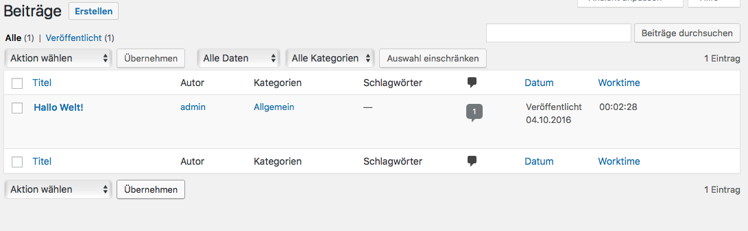 This is the meta box right to the post editor. Post Worktime Logger will add a new interactive box to your edit screen, allowing you to keep track of how much time you spend on your alterations. You may stop the current counting whenever you need to do something else, or reset it altogether, for example, if you want to restart your work from scratch.