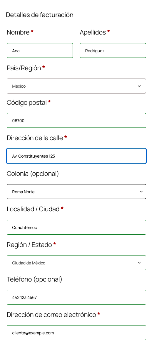 Classic checkout: a postal code with a single colonia selects it automatically. The postal code field is shown before the street for Mexico.