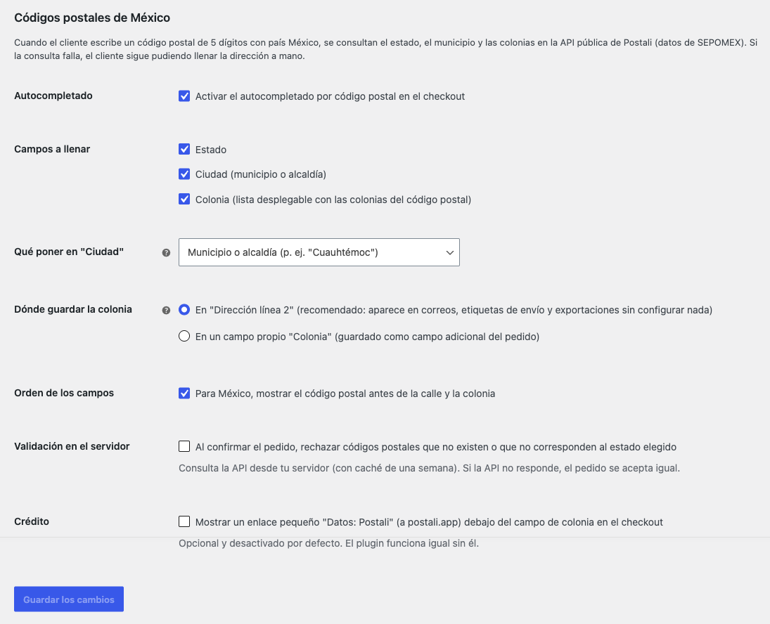 Settings under WooCommerce > Settings > Postali.