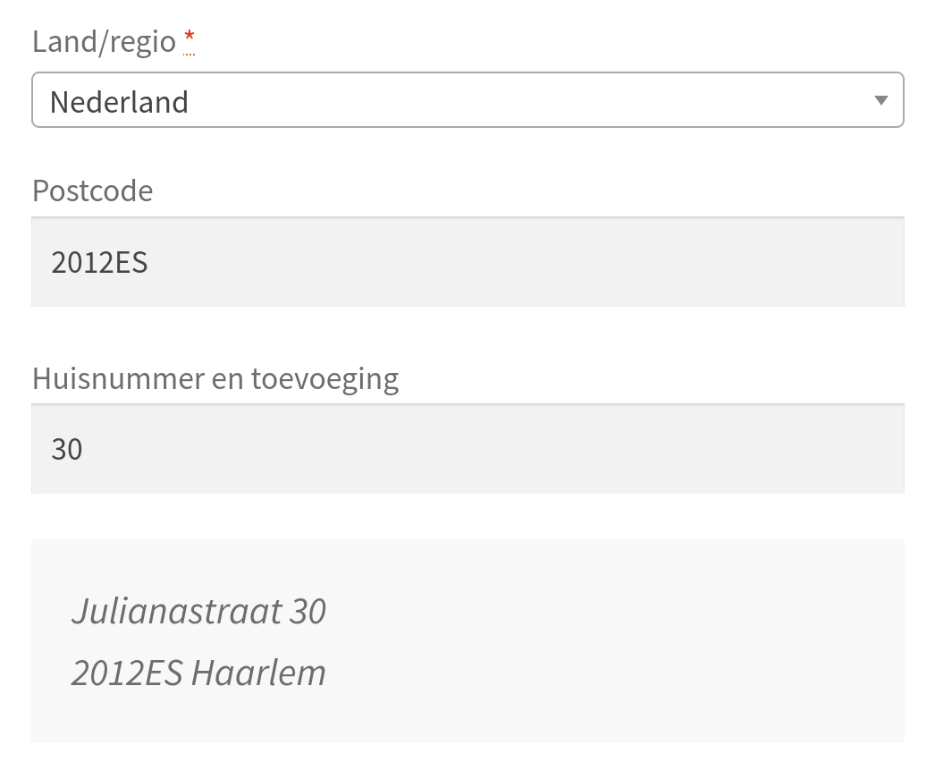 A formatted address is shown when the postcode and house number combination is valid