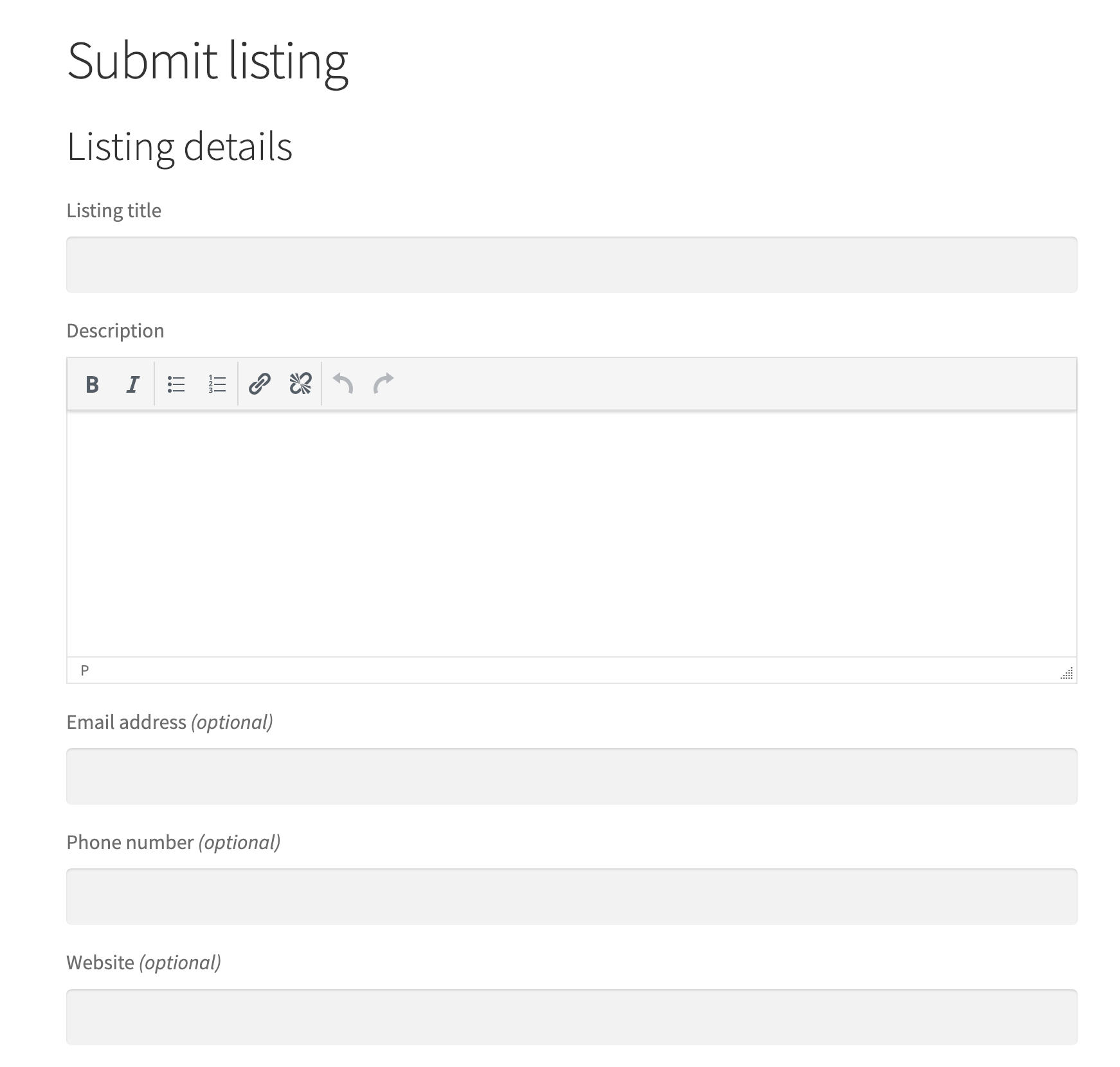 Frontend listing submission form only some fields are displayed in the screenshot.