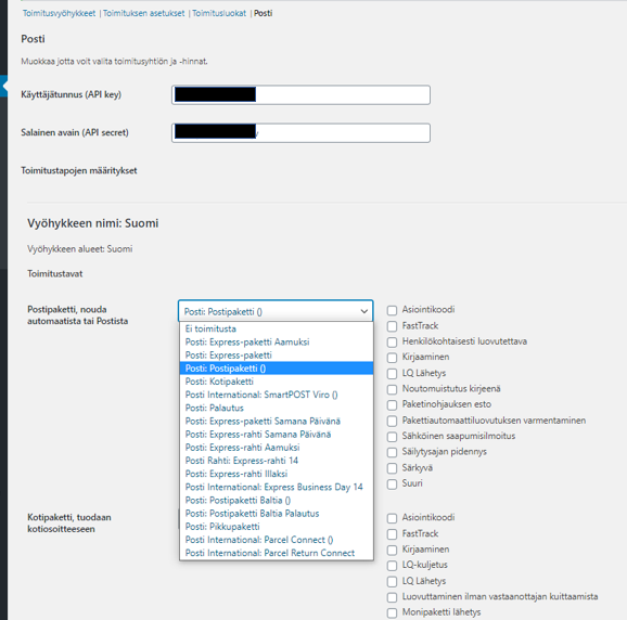 Settings screen in admin