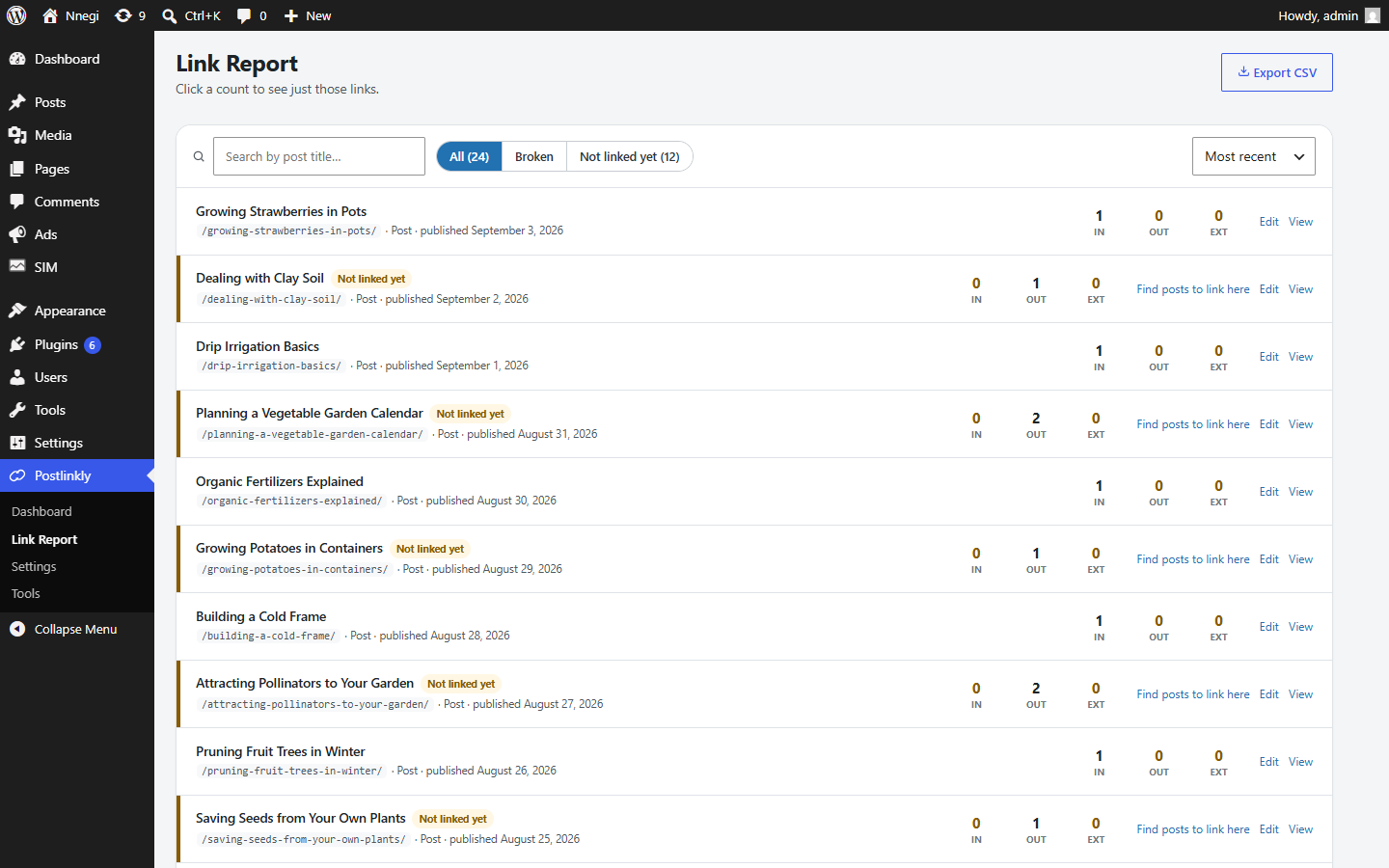 The Link Report: links in and out for every post, with broken links flagged.