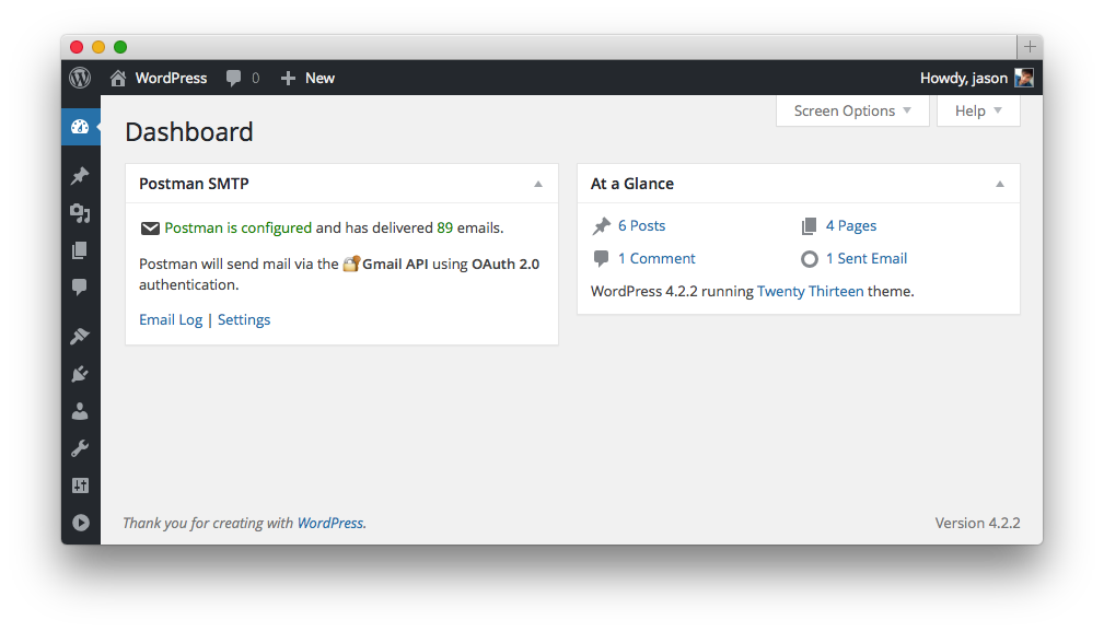 WordPress Dashboard showing both the Postman widget and At a Glance widget