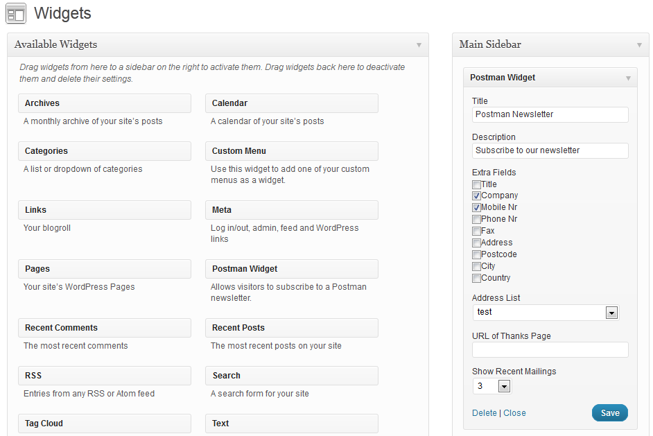 Widget menu with basic settings
