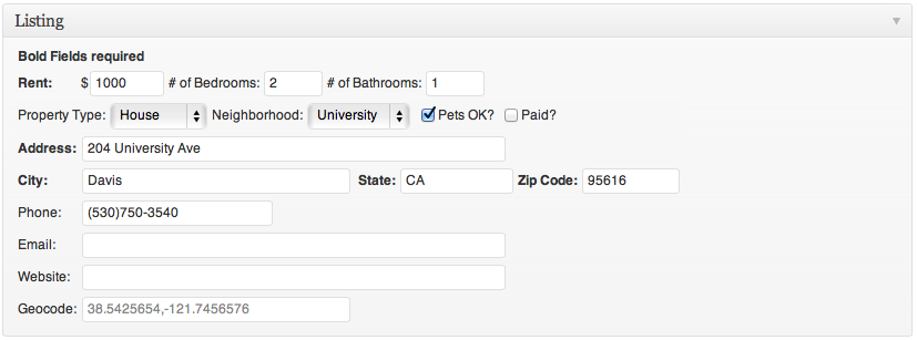 Example of Listing fields displays address, number of bedrooms, etc.