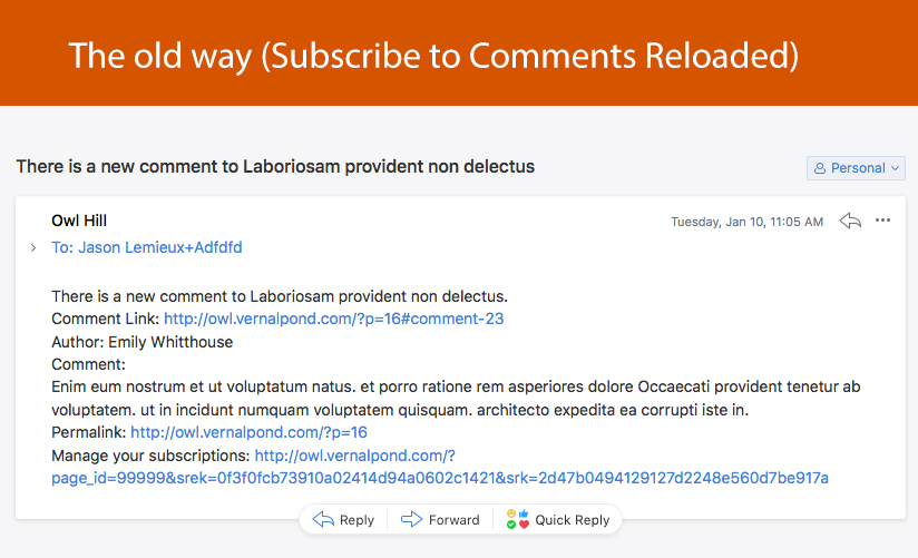 Replyable installs in seconds with zero configuration (you can play with settings if you want to, though). The only thing you'll notice is a little checkbox on your comment form.