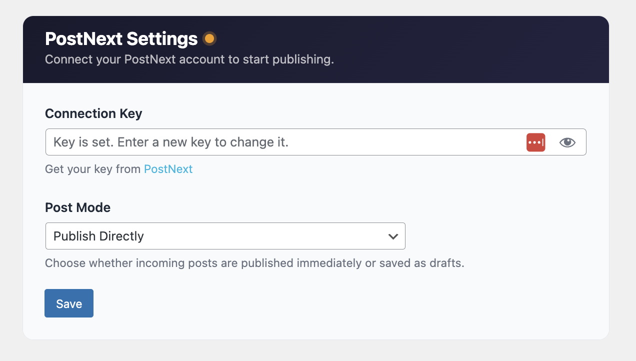 Settings page for connection key and publish mode.