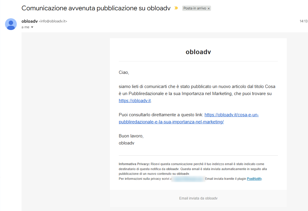 The notification email as received by a recipient: the site name appears in the header, so the message looks like a communication from your own site.