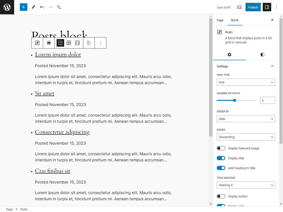 Posts block with list view settings.