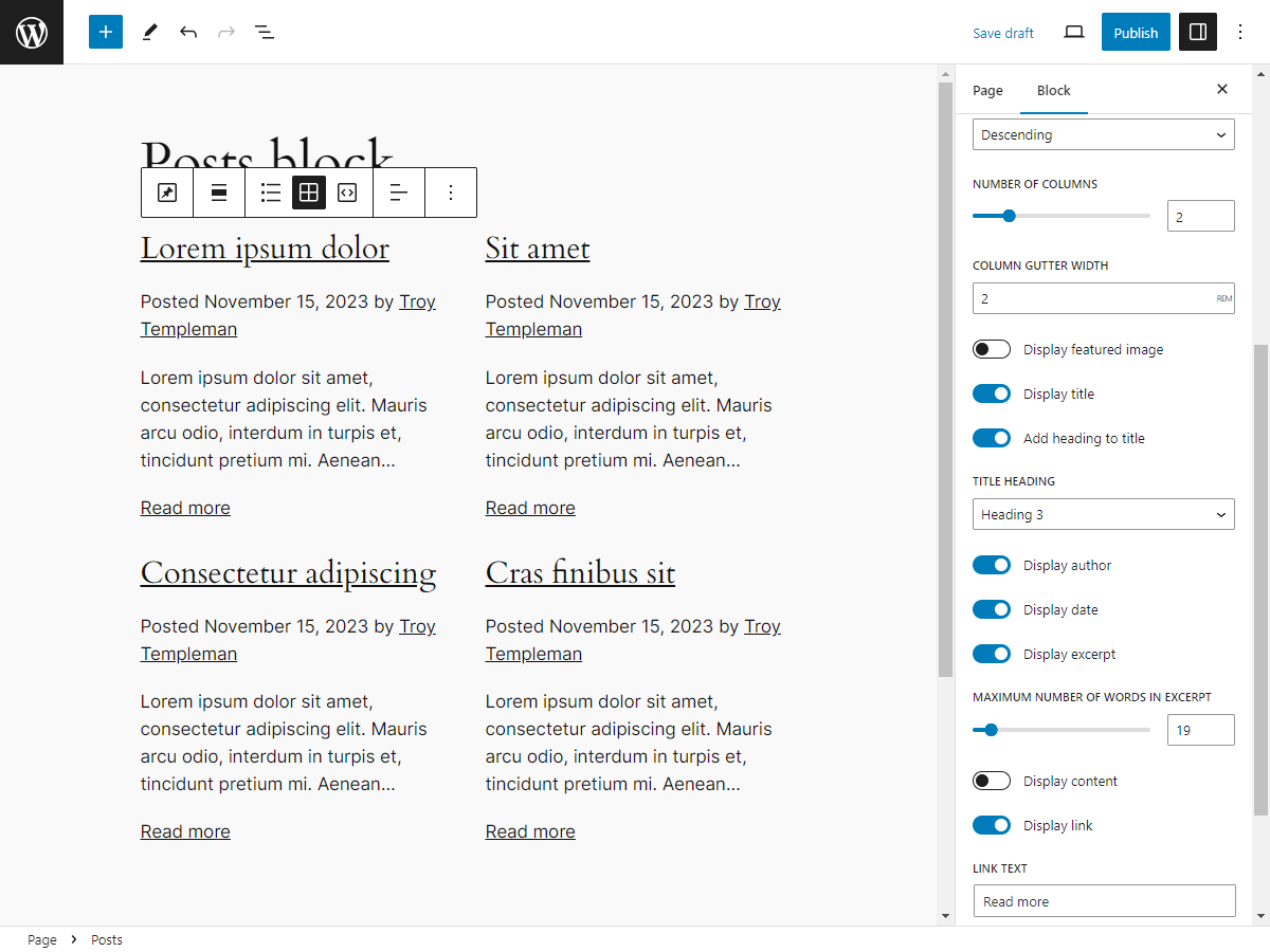 Posts block with grid view settings.