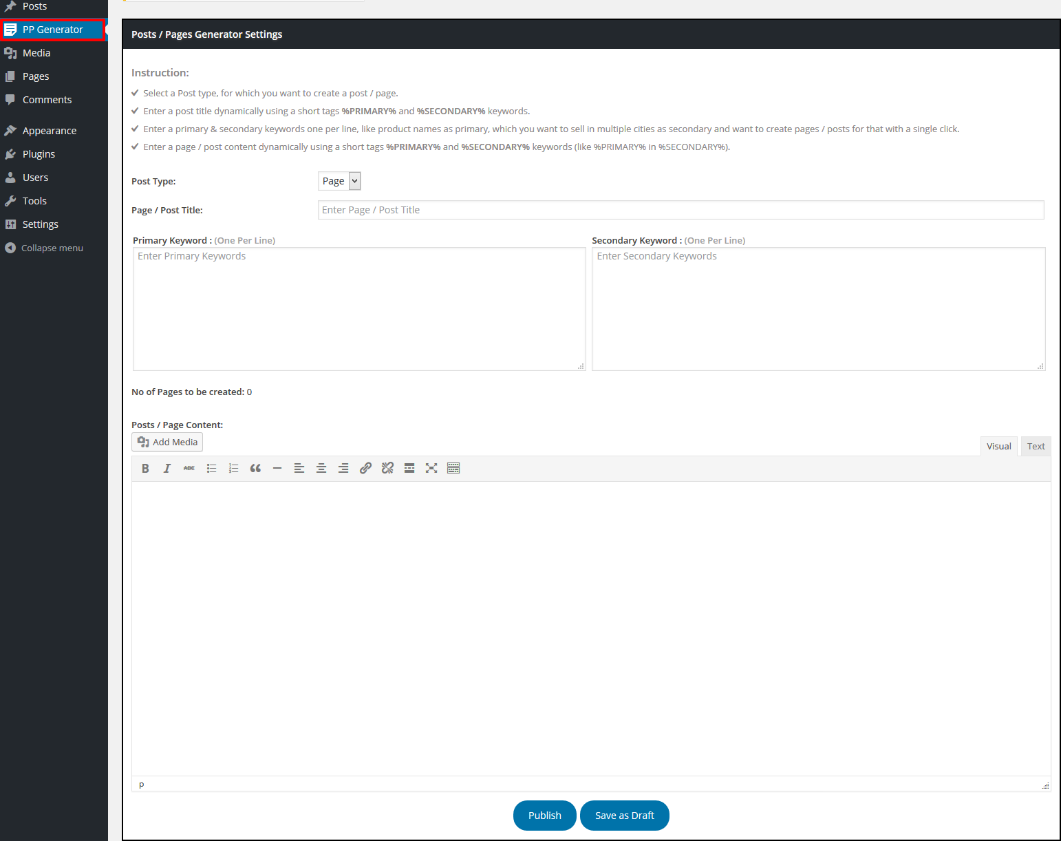 The admin menu page.