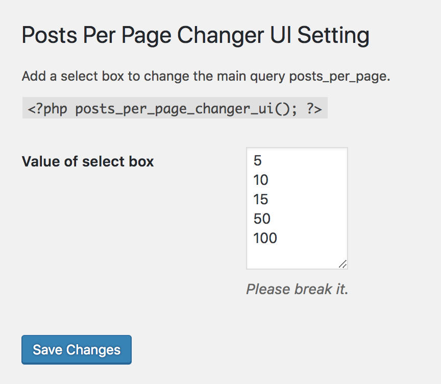 Posts Per Page Changer UI Setting Page.