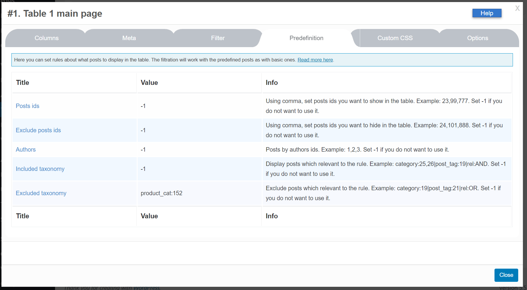 General settings and export/import buttons
