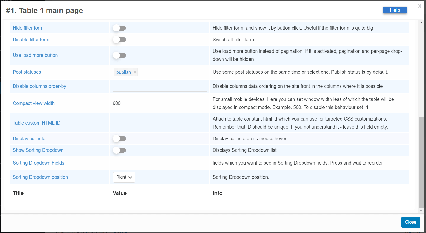 Settings of a column