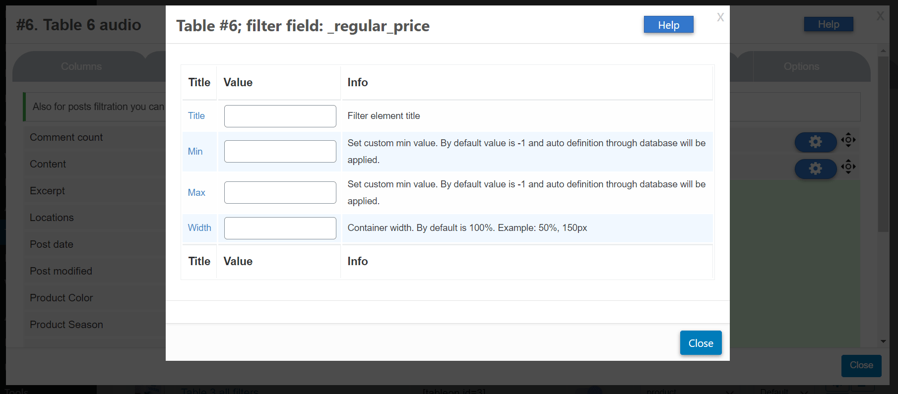 Shortcode to display button, on click shows popup with a table where is information about a post