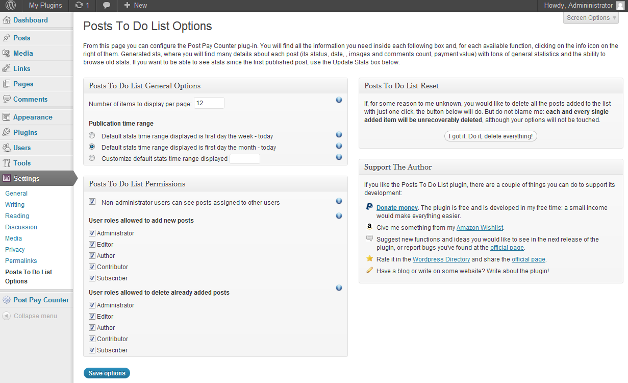 Posts To-Do List configuration page