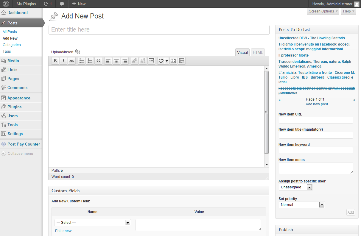 New post page/edit post page, with the Posts To-Do List box. The "Add new post" part is collapsible.