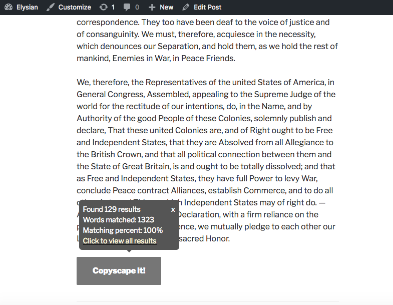 Copyscape button which appears to admins and editors in posts page.