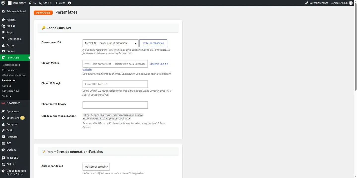 Settings: pick your AI provider (Anthropic, Google Gemini, Mistral or OpenAI) and connect Google Search Console.