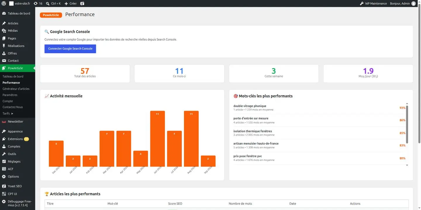 Performance: monthly activity, best keywords and top articles.