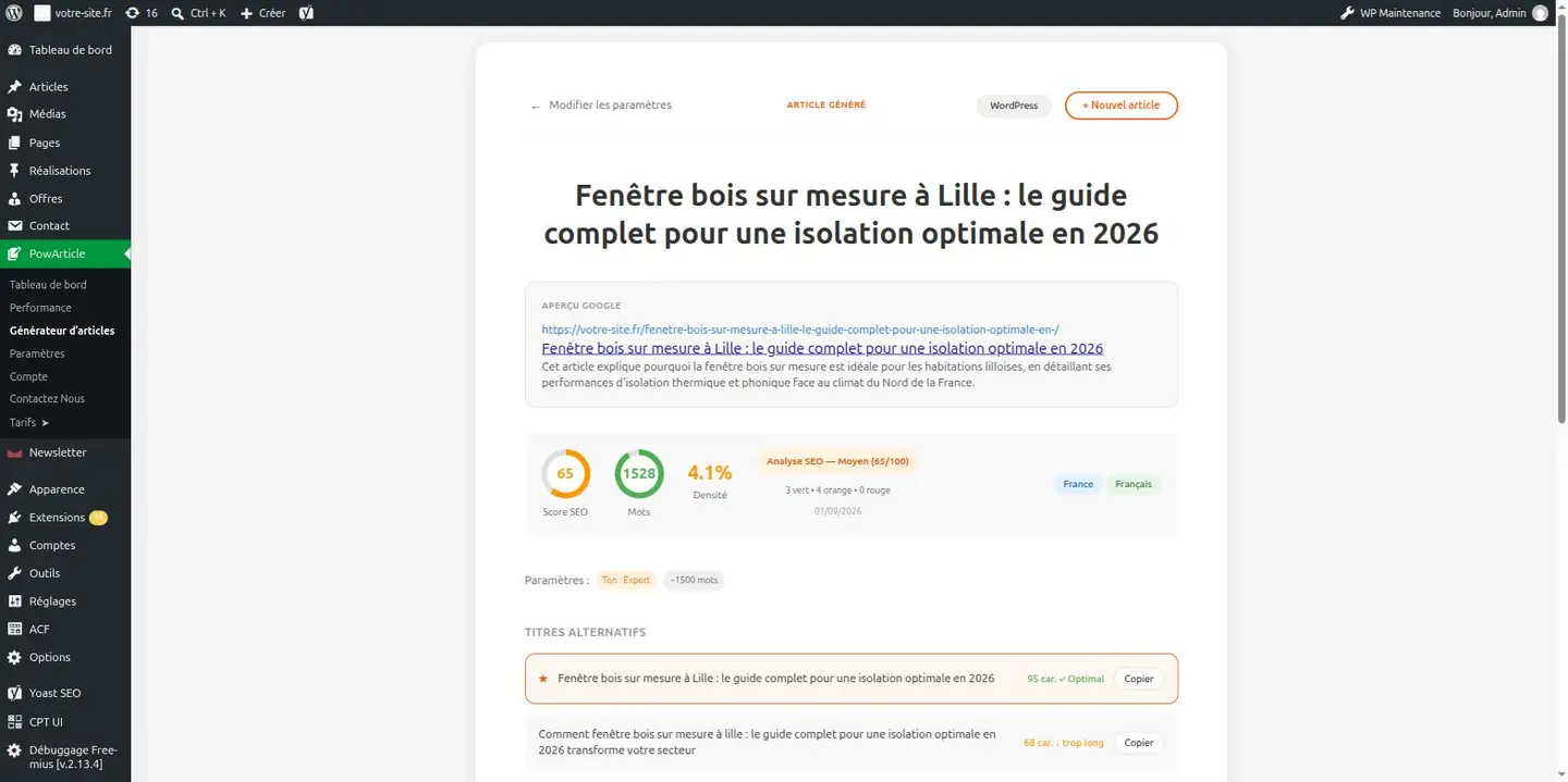 Generated article: Google preview, SEO score and alternative titles before publishing.