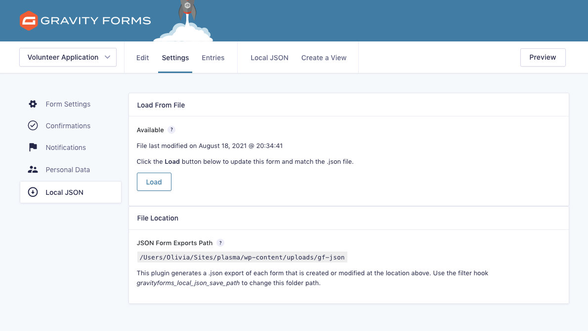 Screenshot of the Local JSON tab of a form's settings page. A load button is visible and allows the user to update the form to match its companion .json file. The file path where the .json files are stored is also shown.