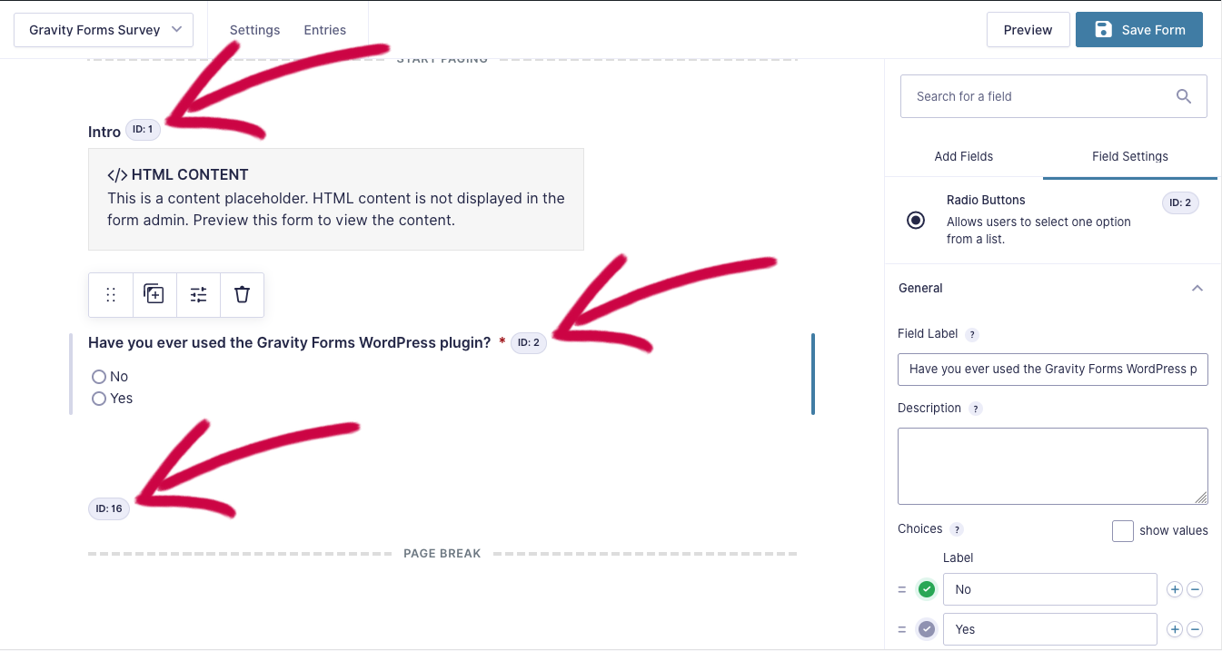 Screenshot of the form editor. Arrows point to field ID numbers near field labels.