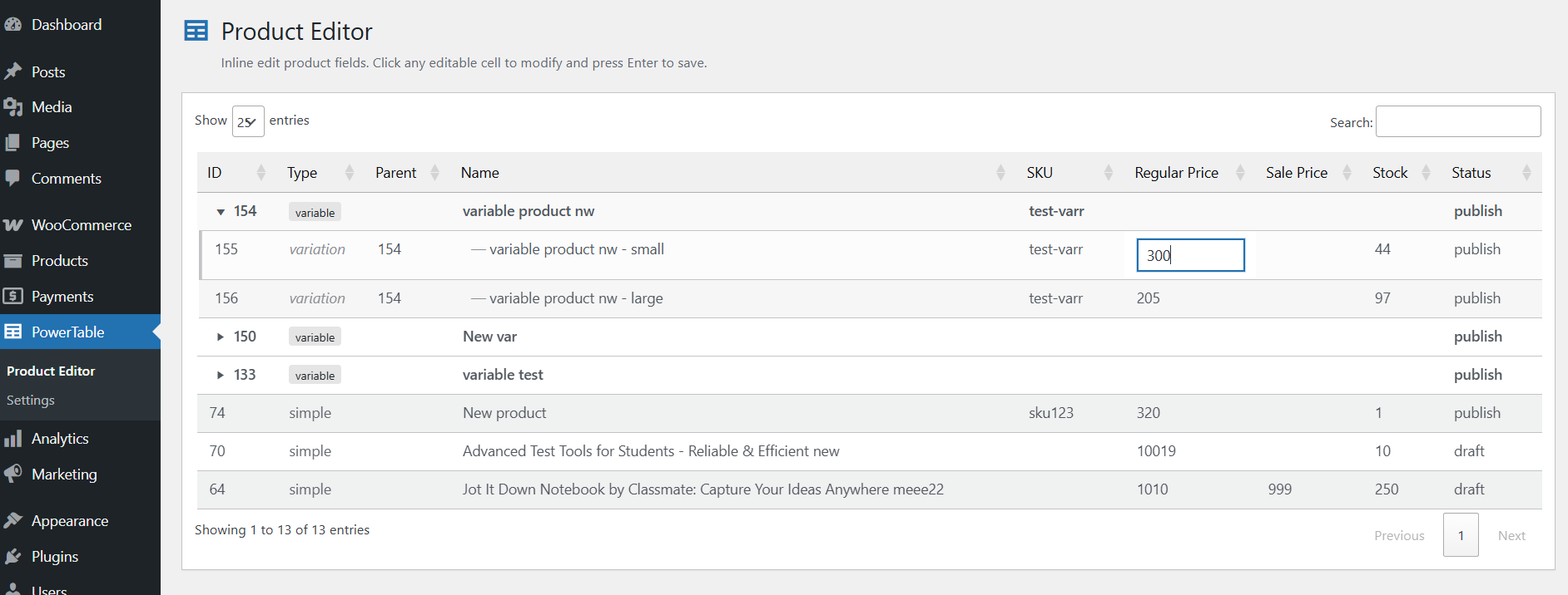 **Inline Editing** - Editing a price directly in the table.