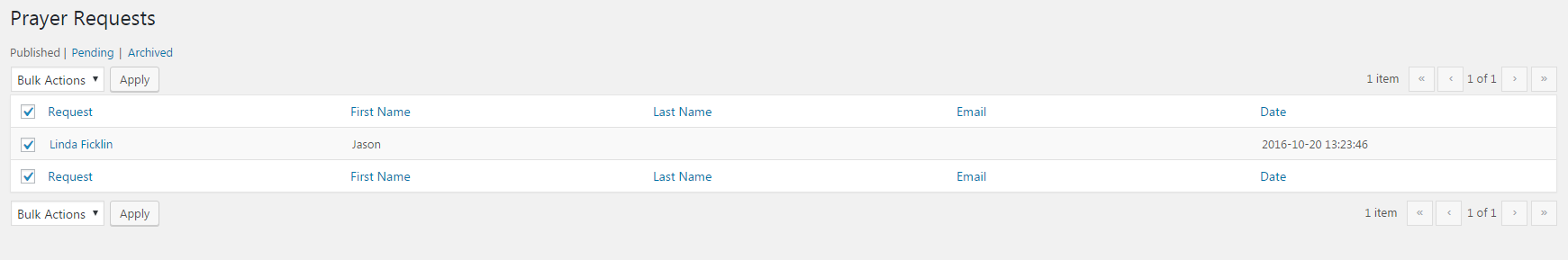 From our listview you can see active, pending, or deleted prayer request.