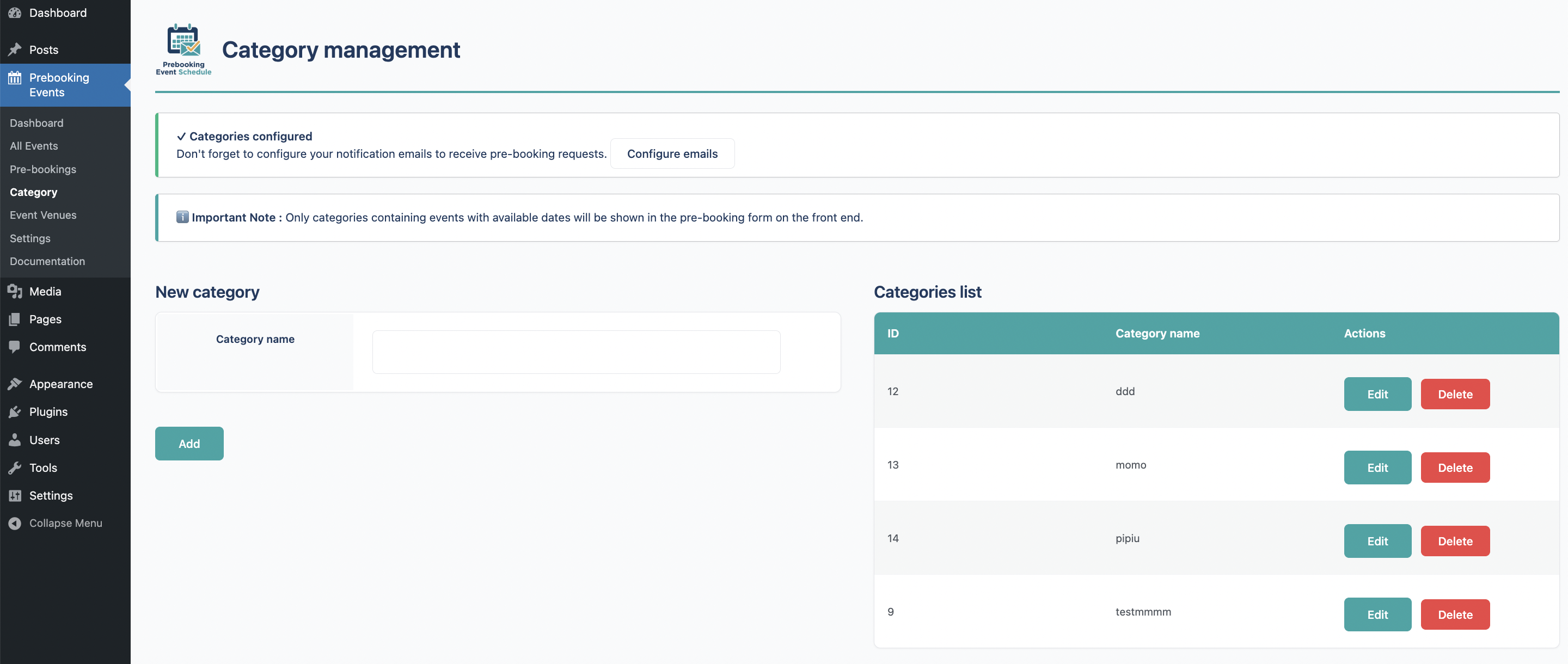 Category management screen