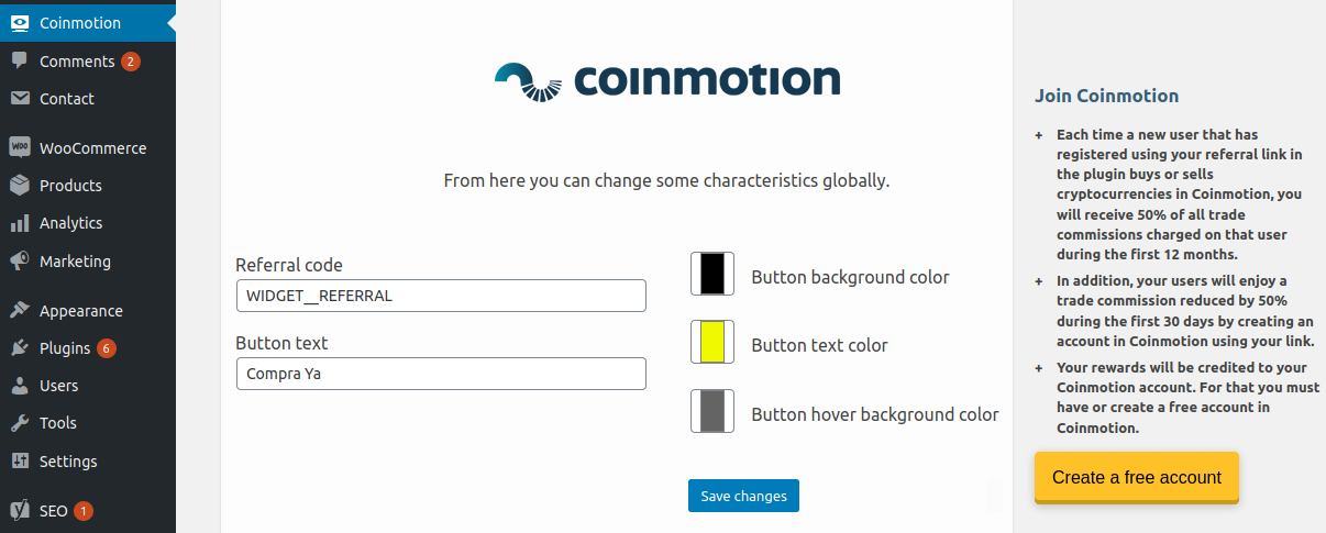 **Configuration Panel.** Coinmotion will create a quick access in the administrator menu from which you can configure the currency, language, texts, colors.
