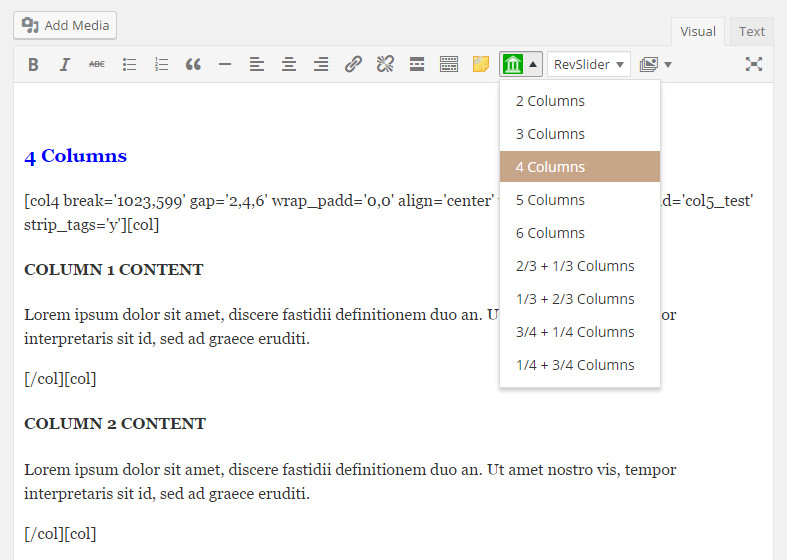 The green `Precise Columns` icon within the WordPress Visual Editor, and the column layouts presented when clicked.