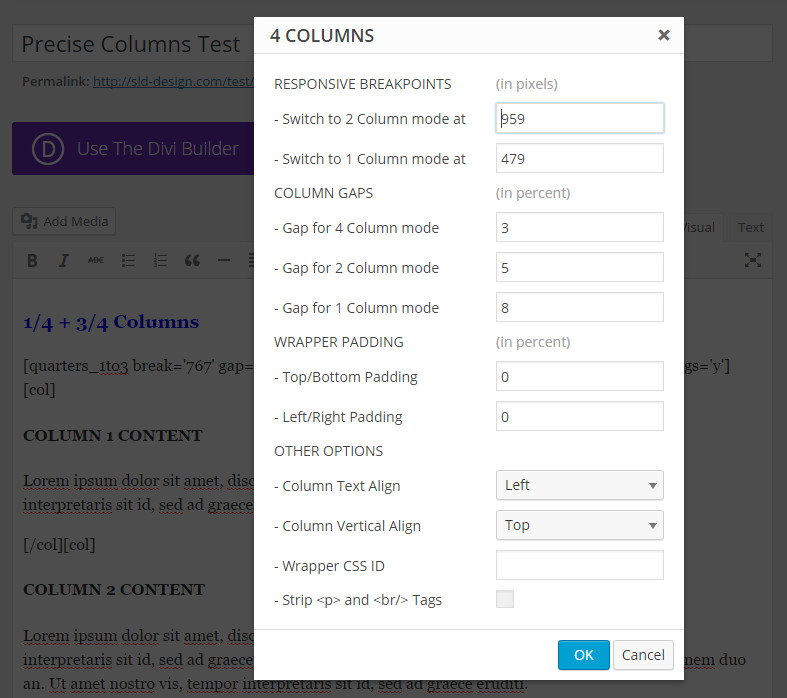 The `Precise Columns` column options dialog box for a selected column layout.