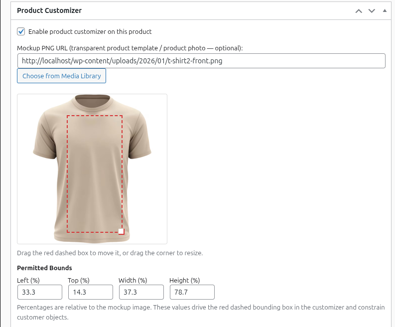 **Product Settings:** Configuring the customizer on a product.