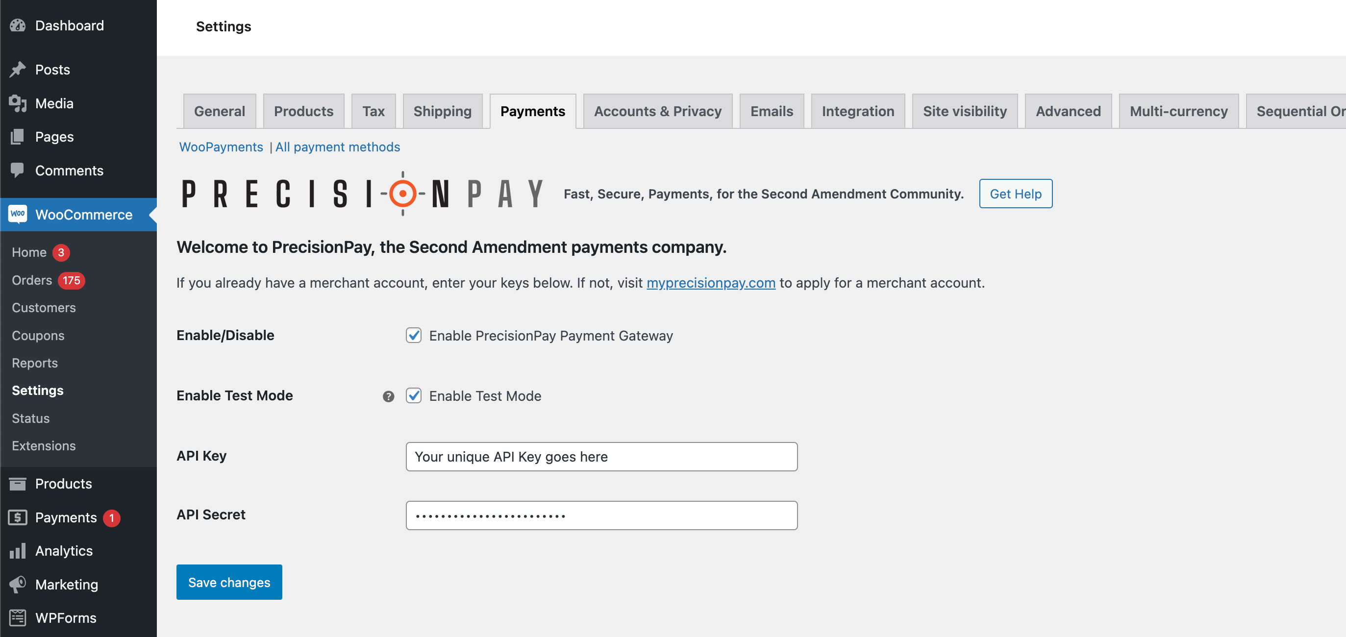 This is the wordpress admin screen found in woocommerce->settings->payments.