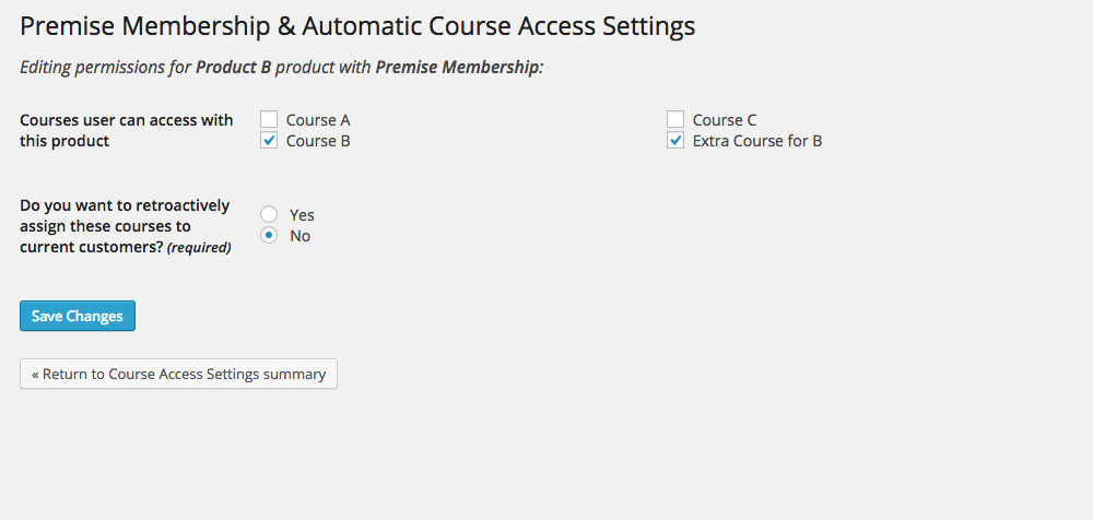 This is the actual configuration screen where you can select courses that will be associated with a particular membership level