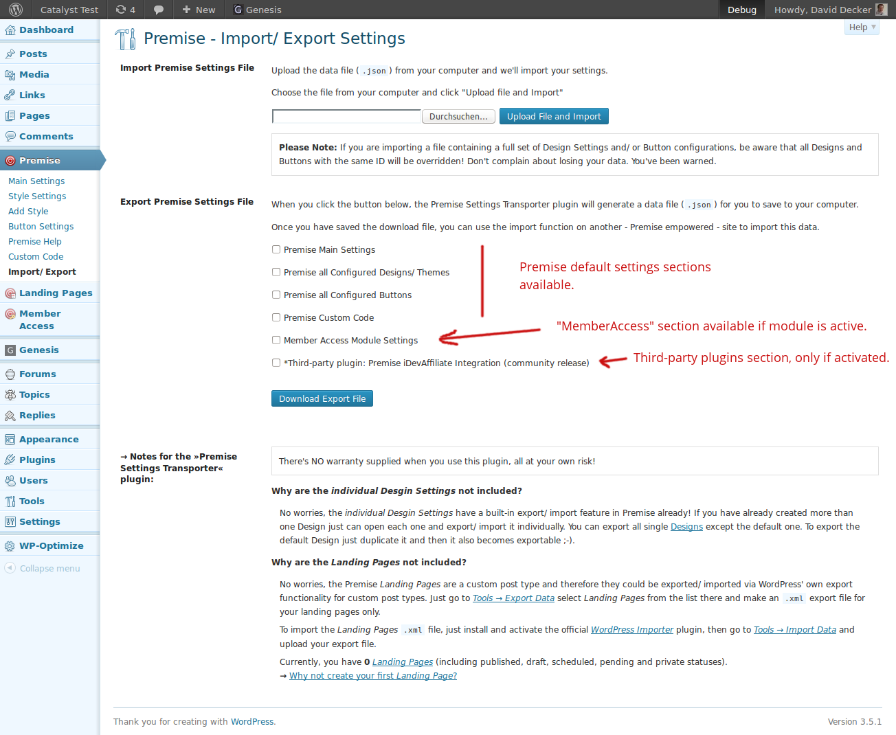 Premise Settings Transporter: new Import and Export admin page for "Premise" plugin. ([Click here for larger version of screenshot](https://www.dropbox.com/s/4n1omd466dvh2zp/screenshot-01.png))