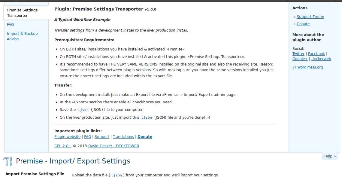 Premise Settings Transporter: plugin help tab. ([Click here for larger version of screenshot](https://www.dropbox.com/s/m63u1xi56413r0d/screenshot-02.png))