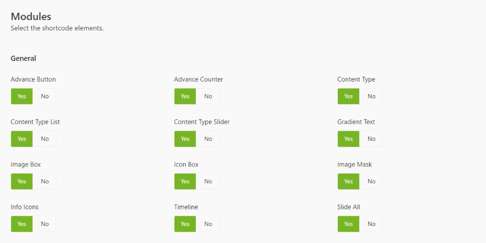 **Toggle Modules.** You can enable/disable the elements to improve performance.