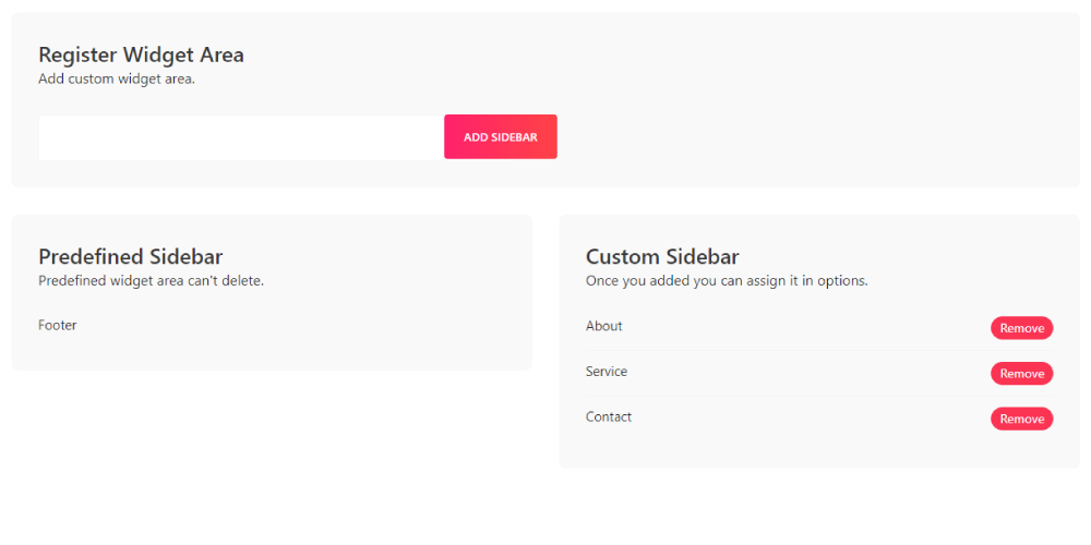 **Custom Sidebar.** You can register custom widget area.