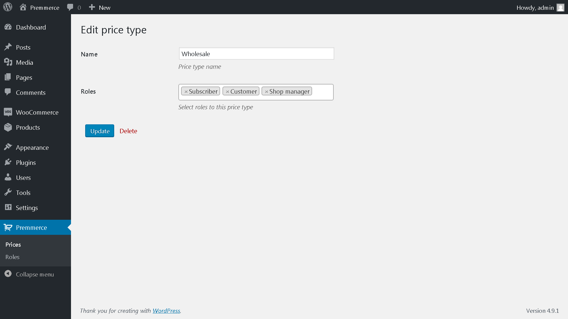 Editing the price type