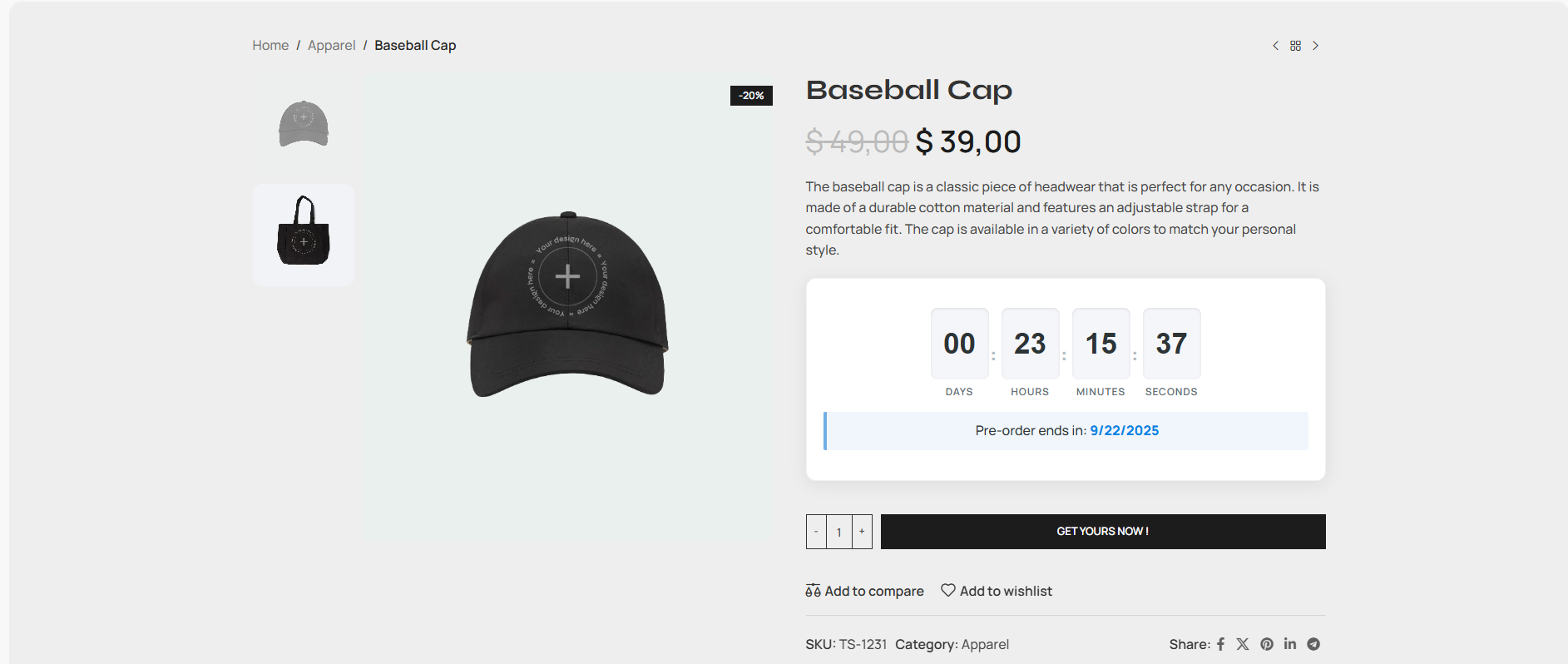 Product page with countdown timer