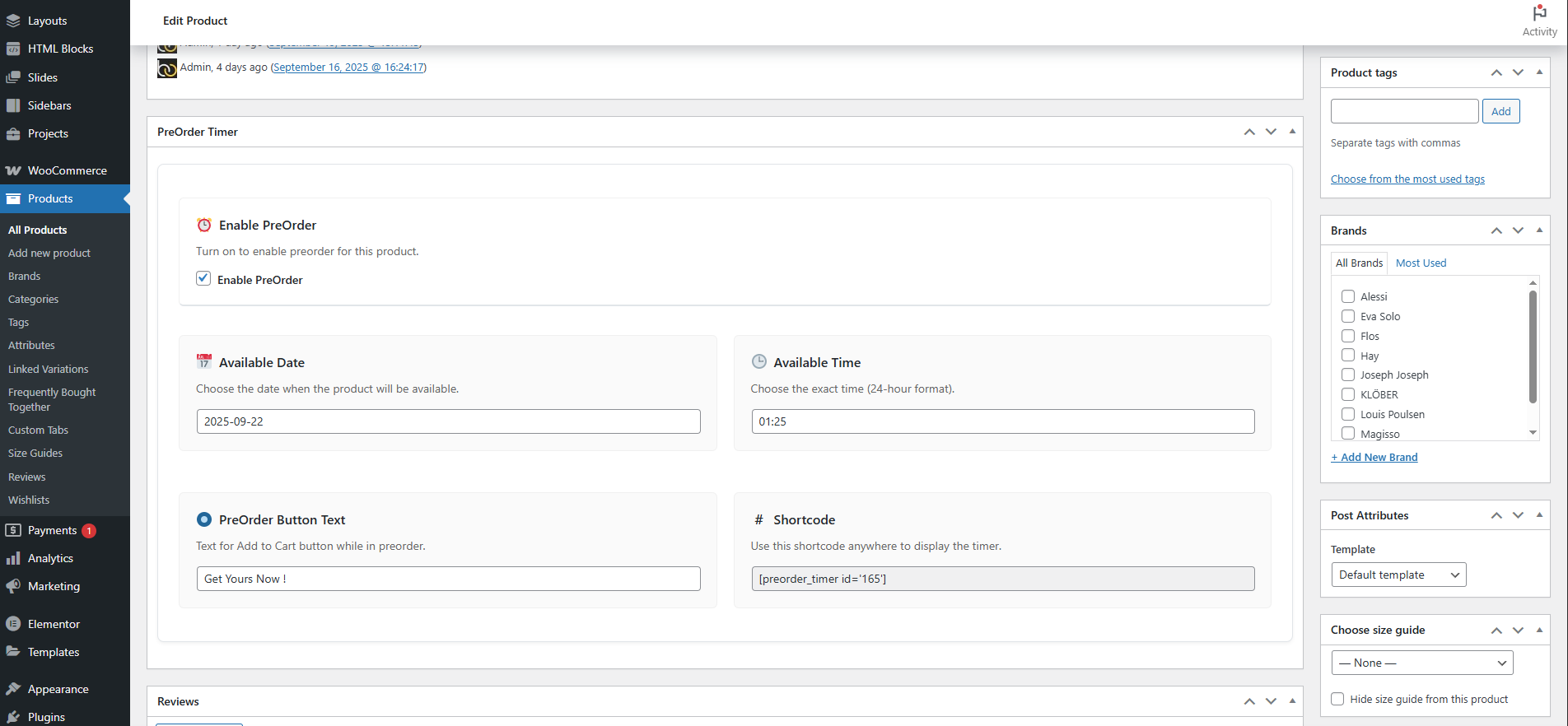 Admin product edit page with pre-order options