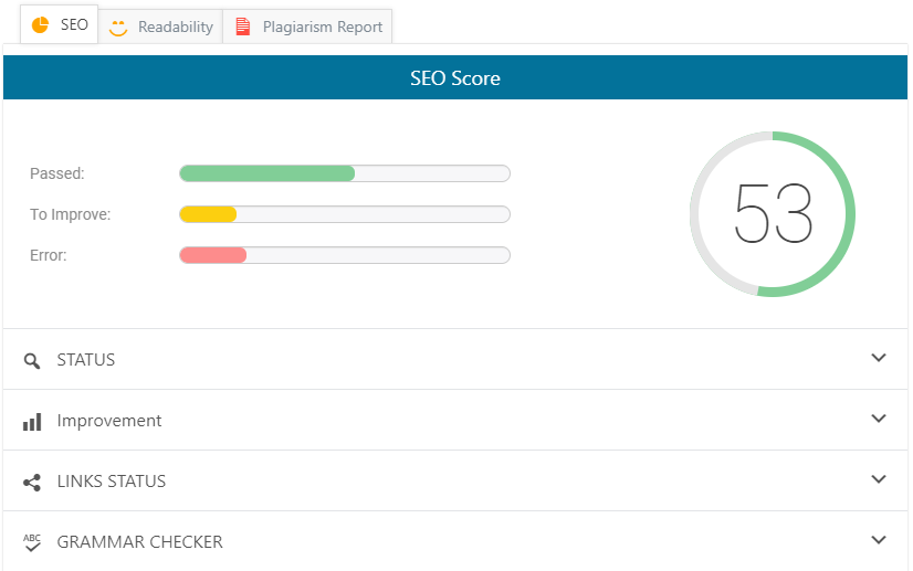 Displays overall SEO score for that post