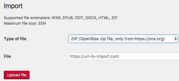 This new option asks for a link of the OpenStax Zip file