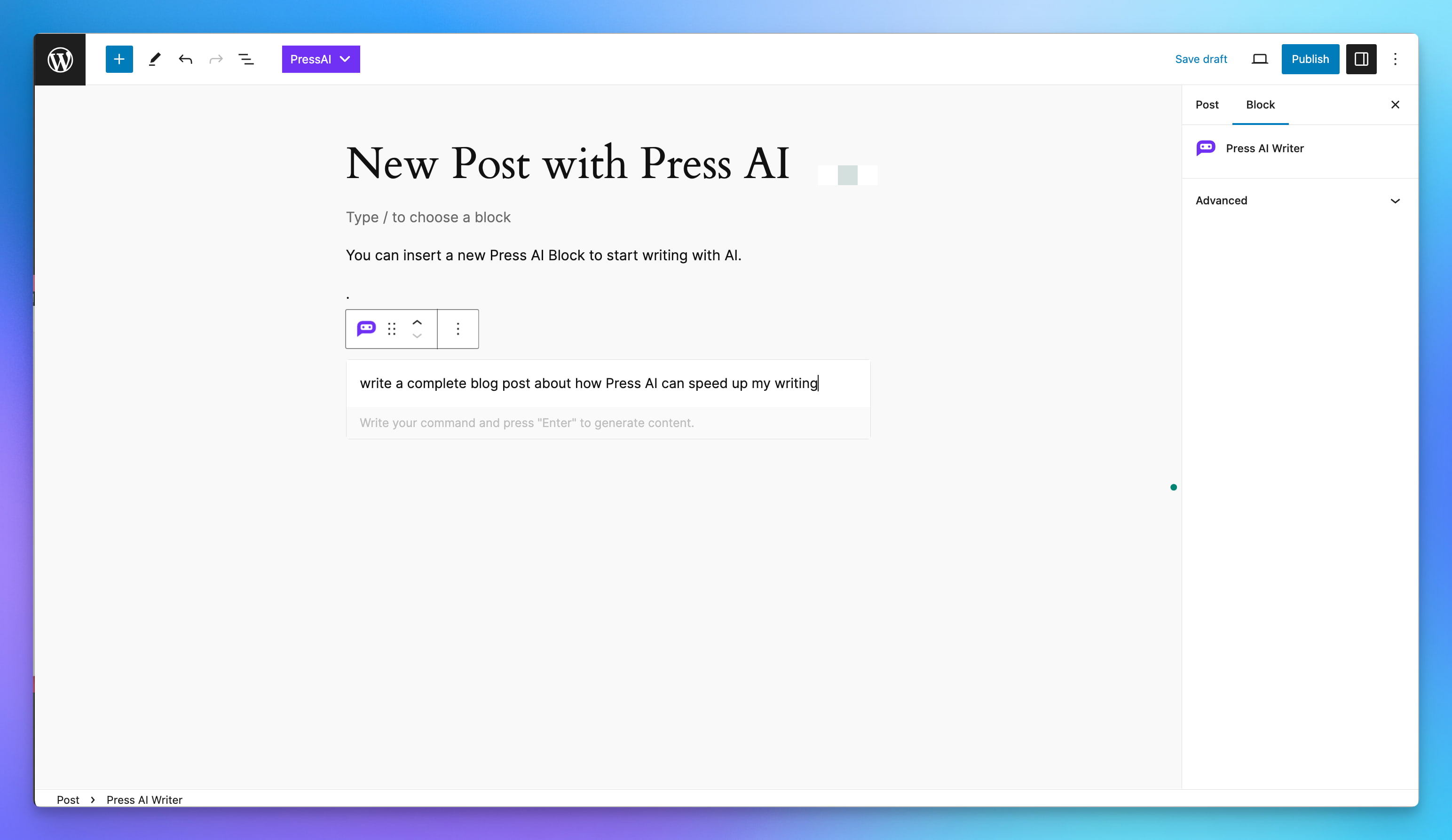 Press AI Writing Block Inside WordPress Editor