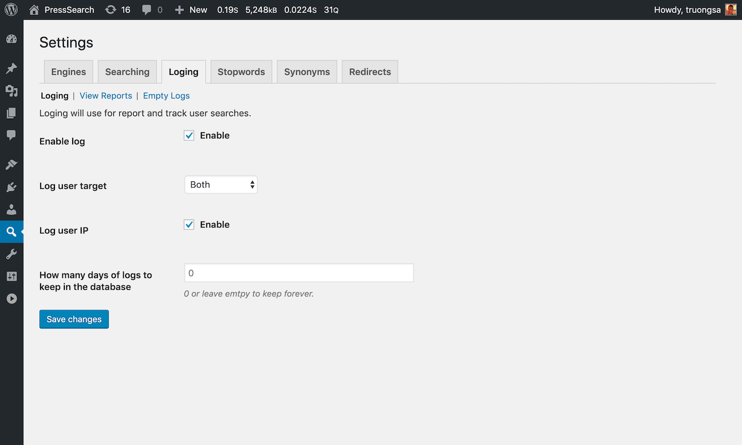 Loging settings.